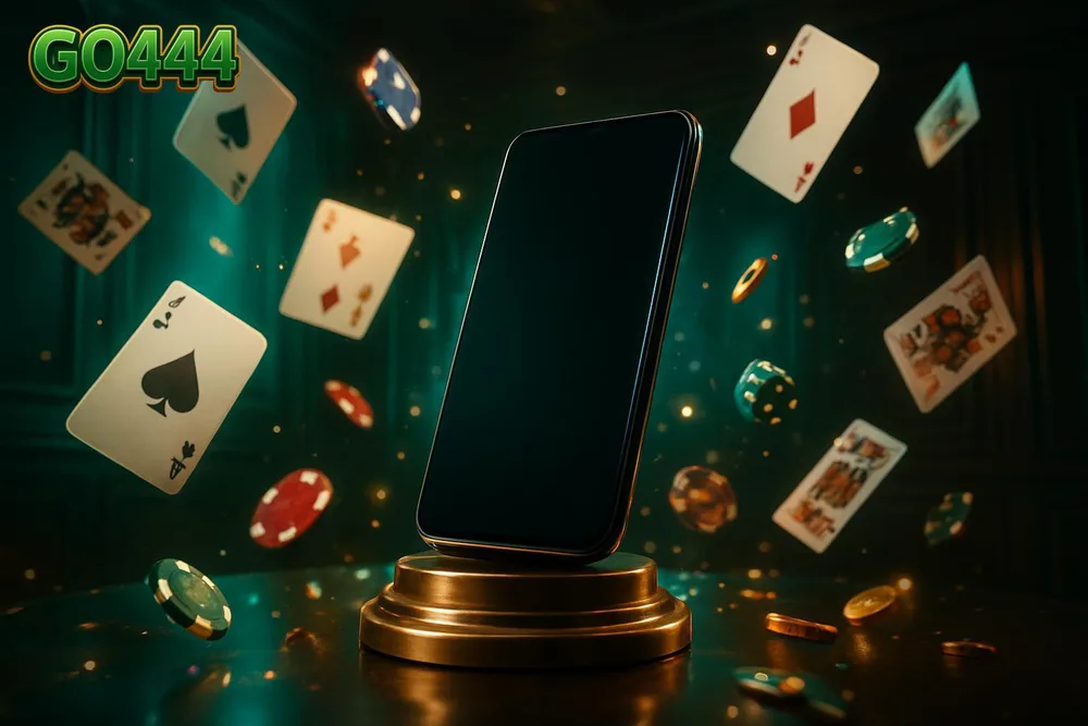GO444 app โ smartphone on pedestal with flying playing cards GO444 app โ smartphone on pedestal with flying playing cards