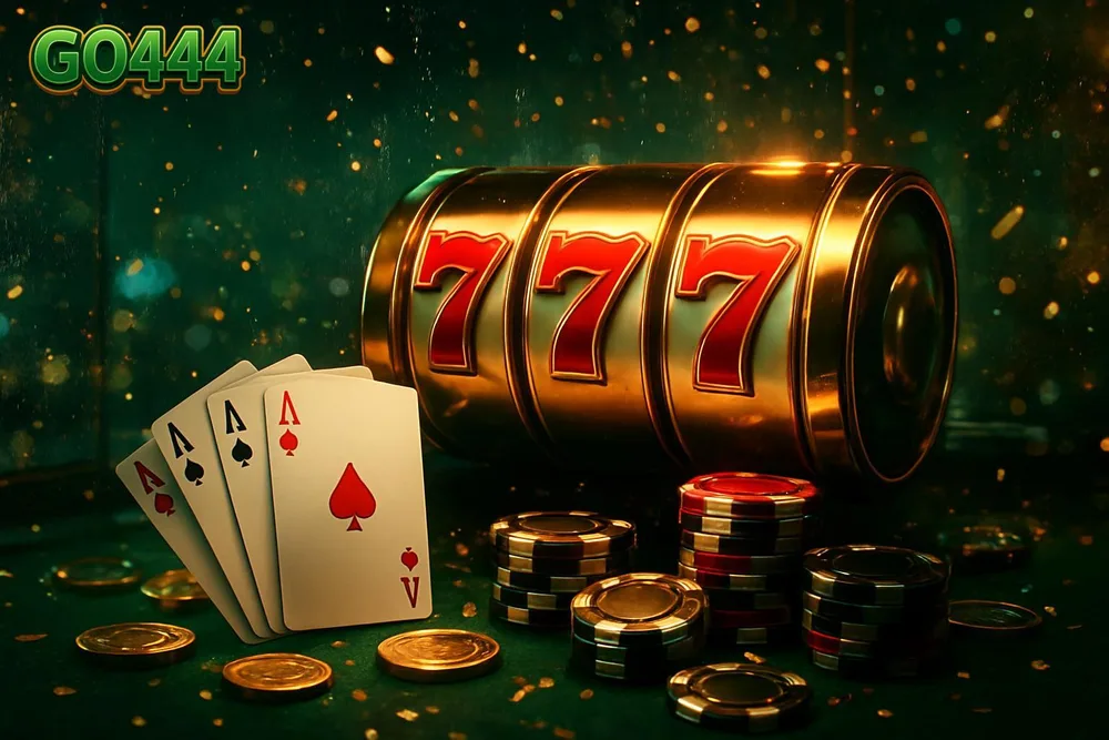 GO444 games — Giant glowing slot reels landing on triple sevens with coins, cards and chips
