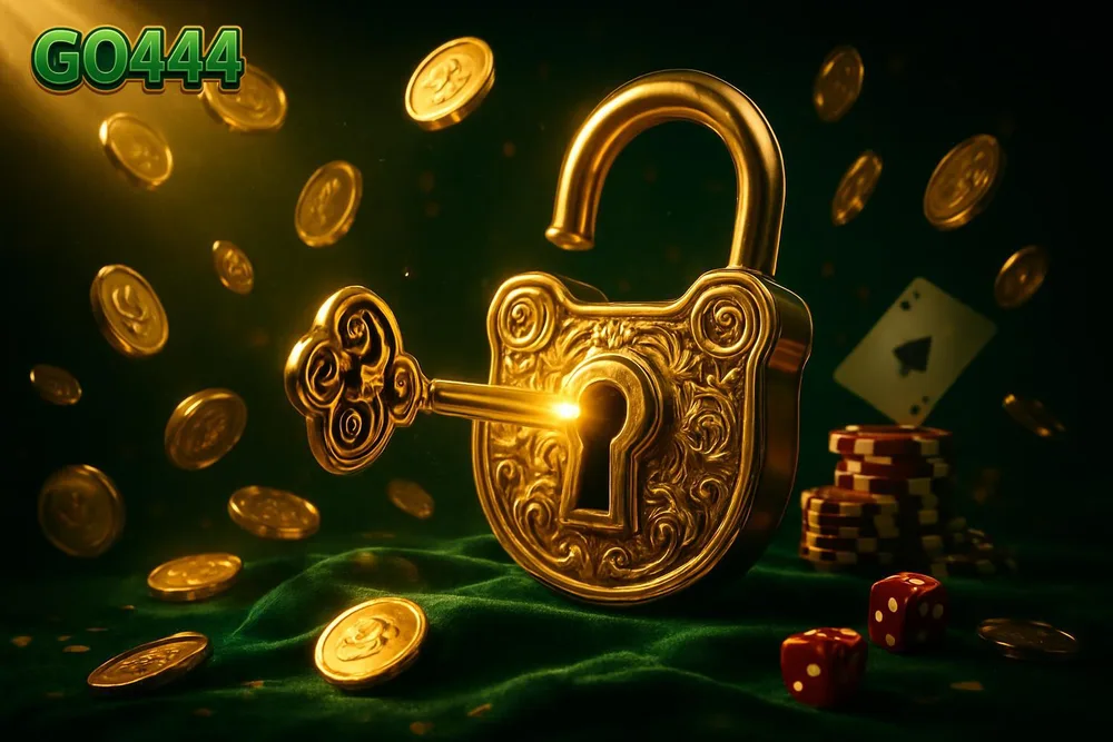 GO444 login — golden padlock and key under spotlight beam